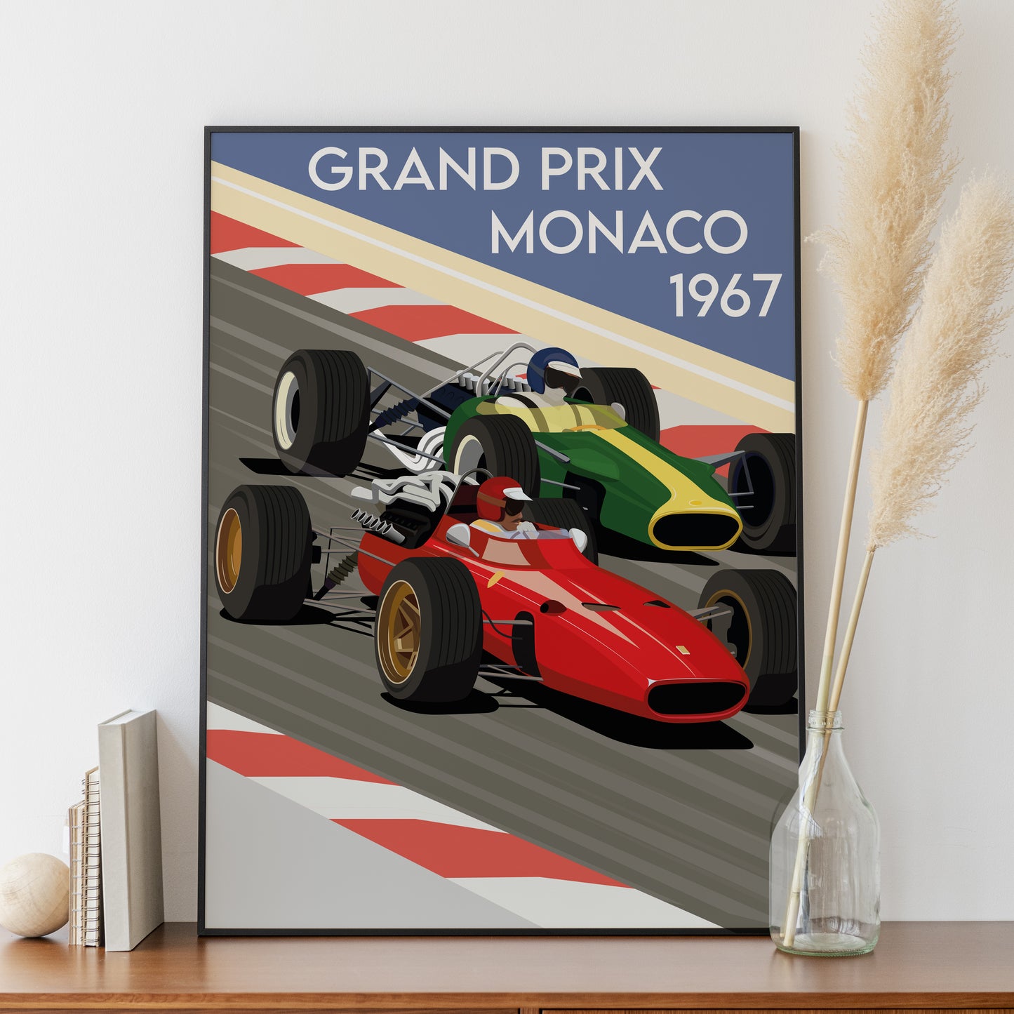 Affiche Grand Prix Monaco 1967 avec monoplaces de course vintage