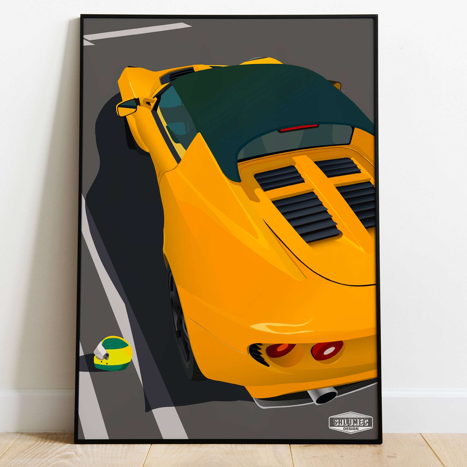 Affiche Lotus jaune illustration automobile minimaliste style trackday