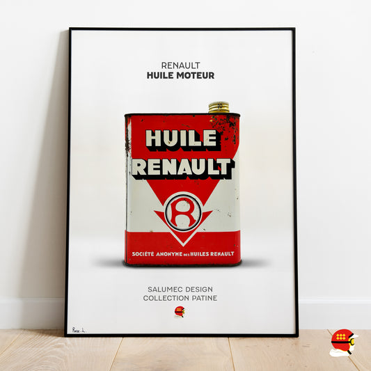 Affiche Huile Renault avec bidon d’huile ancien vintage