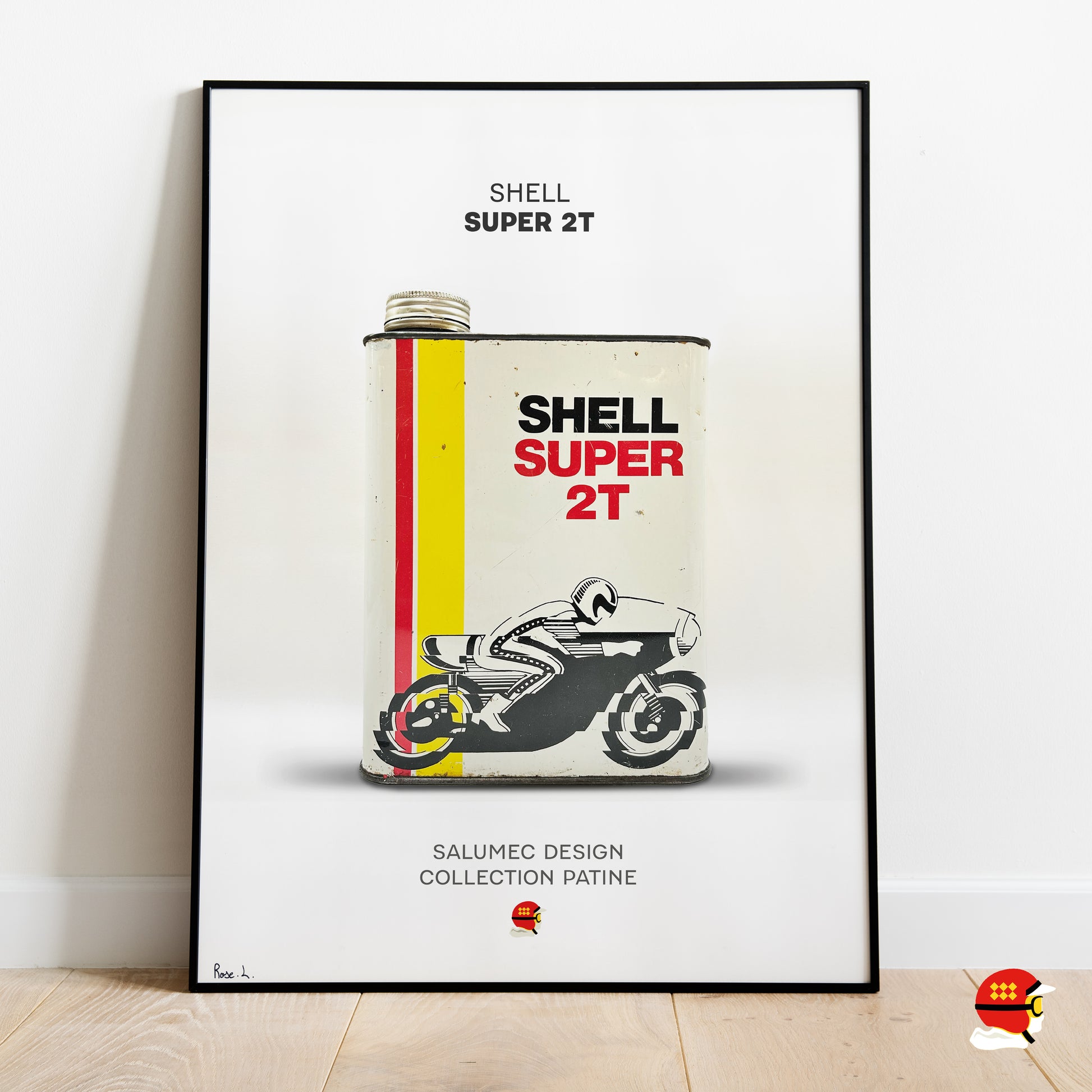 Affiche Shell Super 2T avec bidon d’huile vintage moto