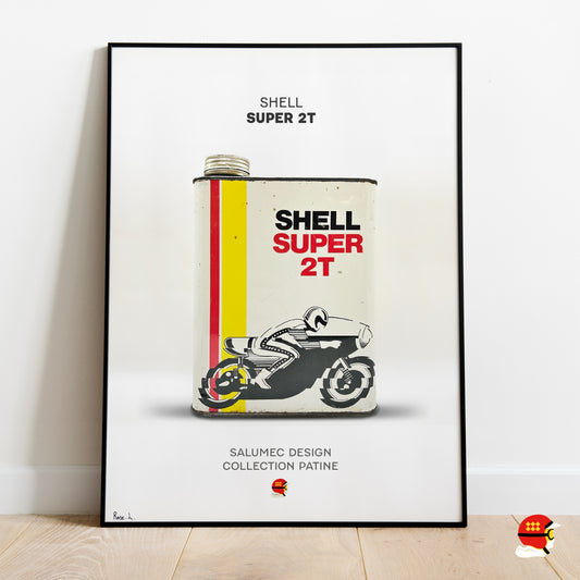 Affiche Shell Super 2T avec bidon d’huile vintage moto