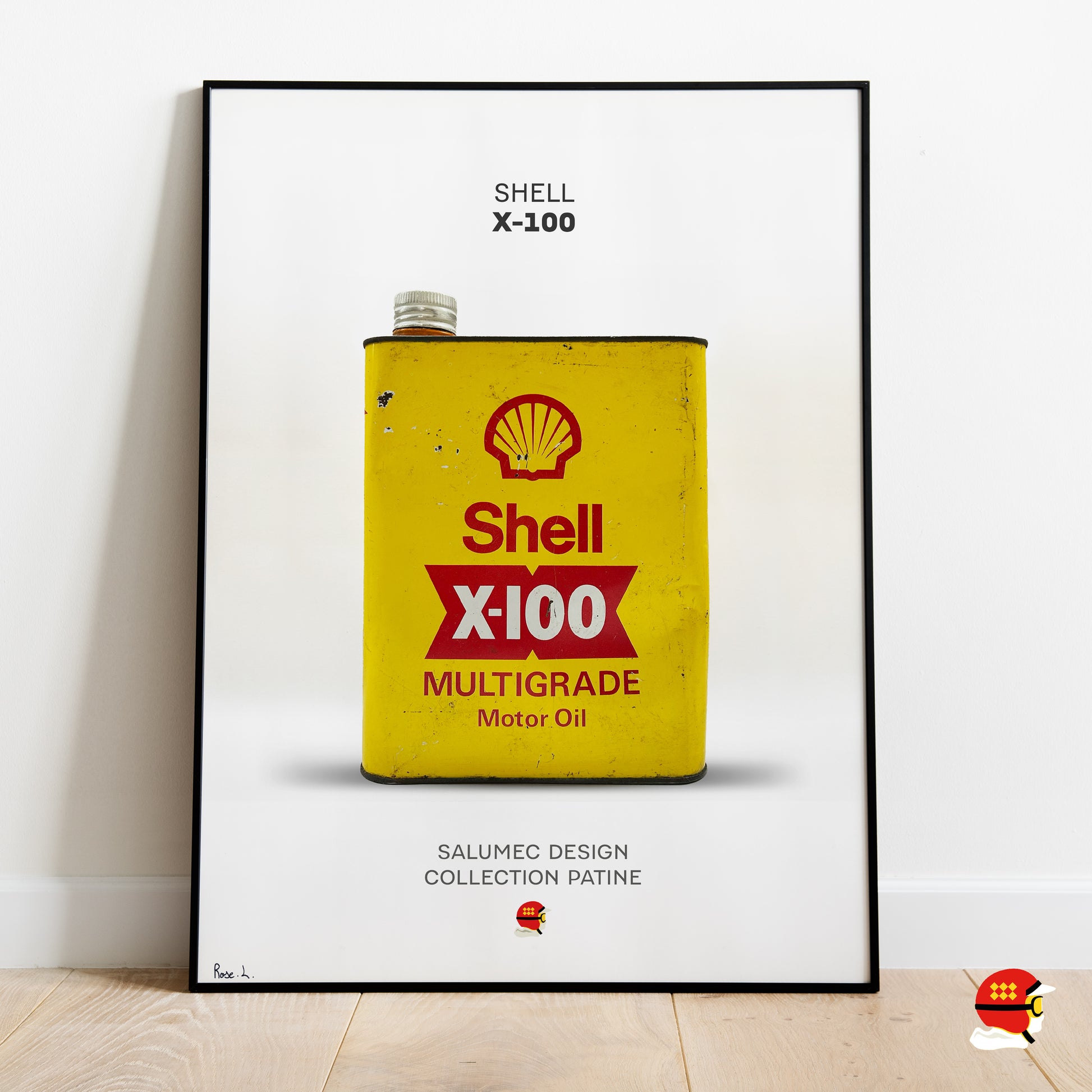 Affiche Shell X-100 avec bidon d’huile vintage jaune