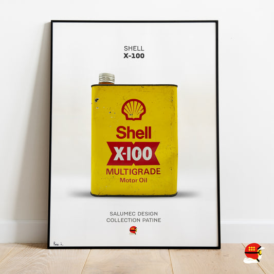 Affiche Shell X-100 avec bidon d’huile vintage jaune