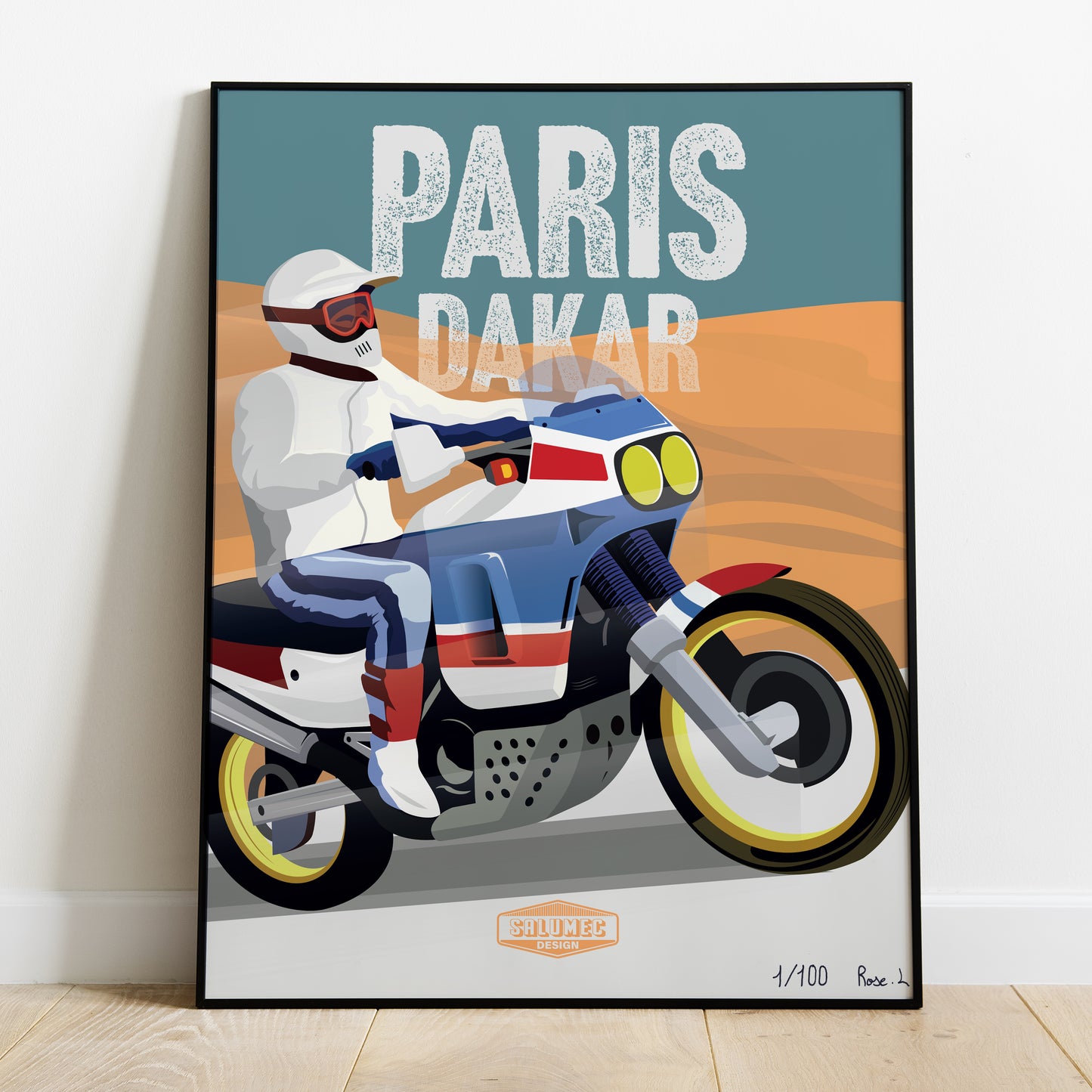 Affiche Honda Africa Twin Paris Dakar illustration moto rallye raid vintage dans le désert
