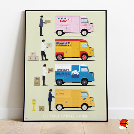 Affiche Citroën Type H avec fourgons publicitaires français vintage