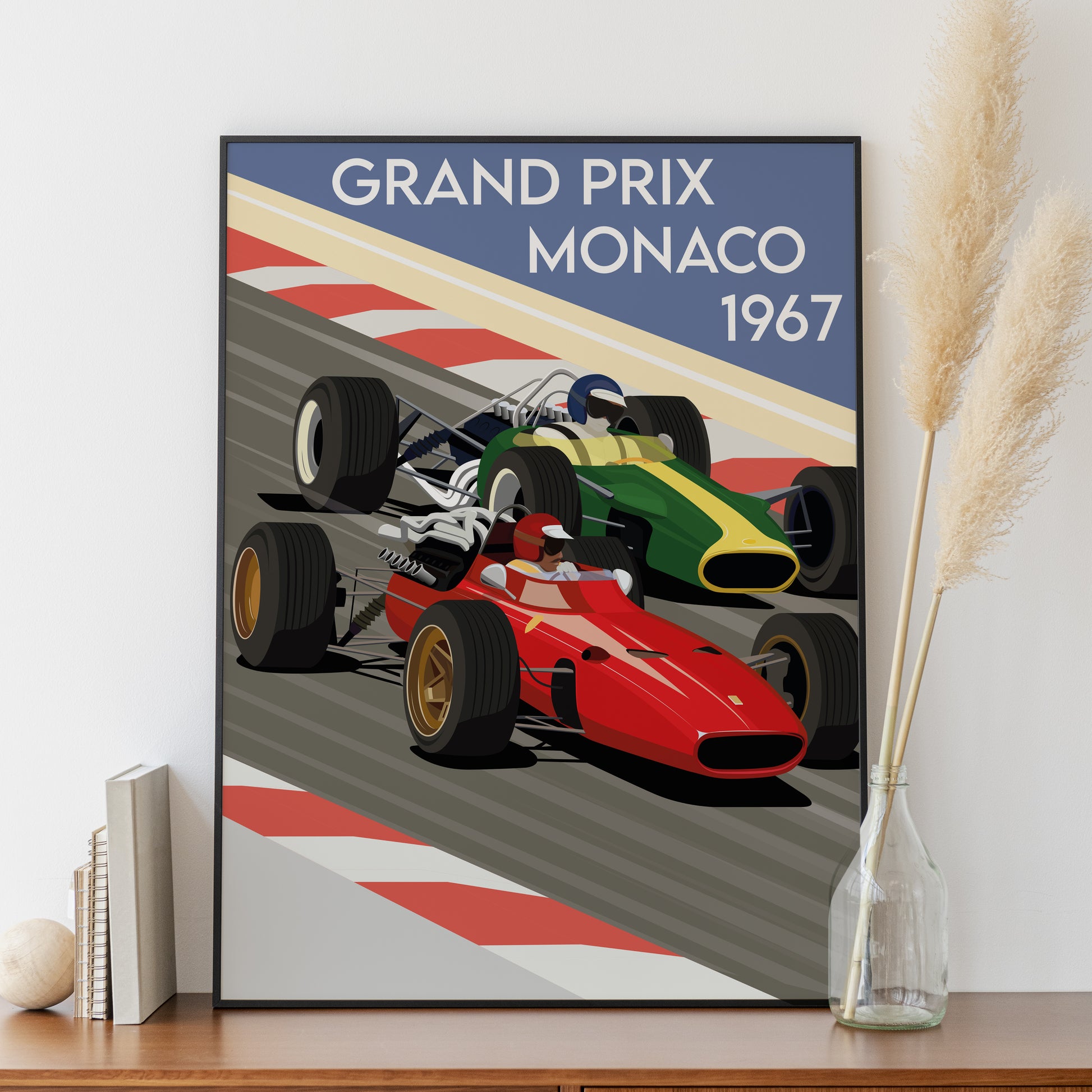 Affiche Grand Prix Monaco 1967 avec monoplaces de course vintage