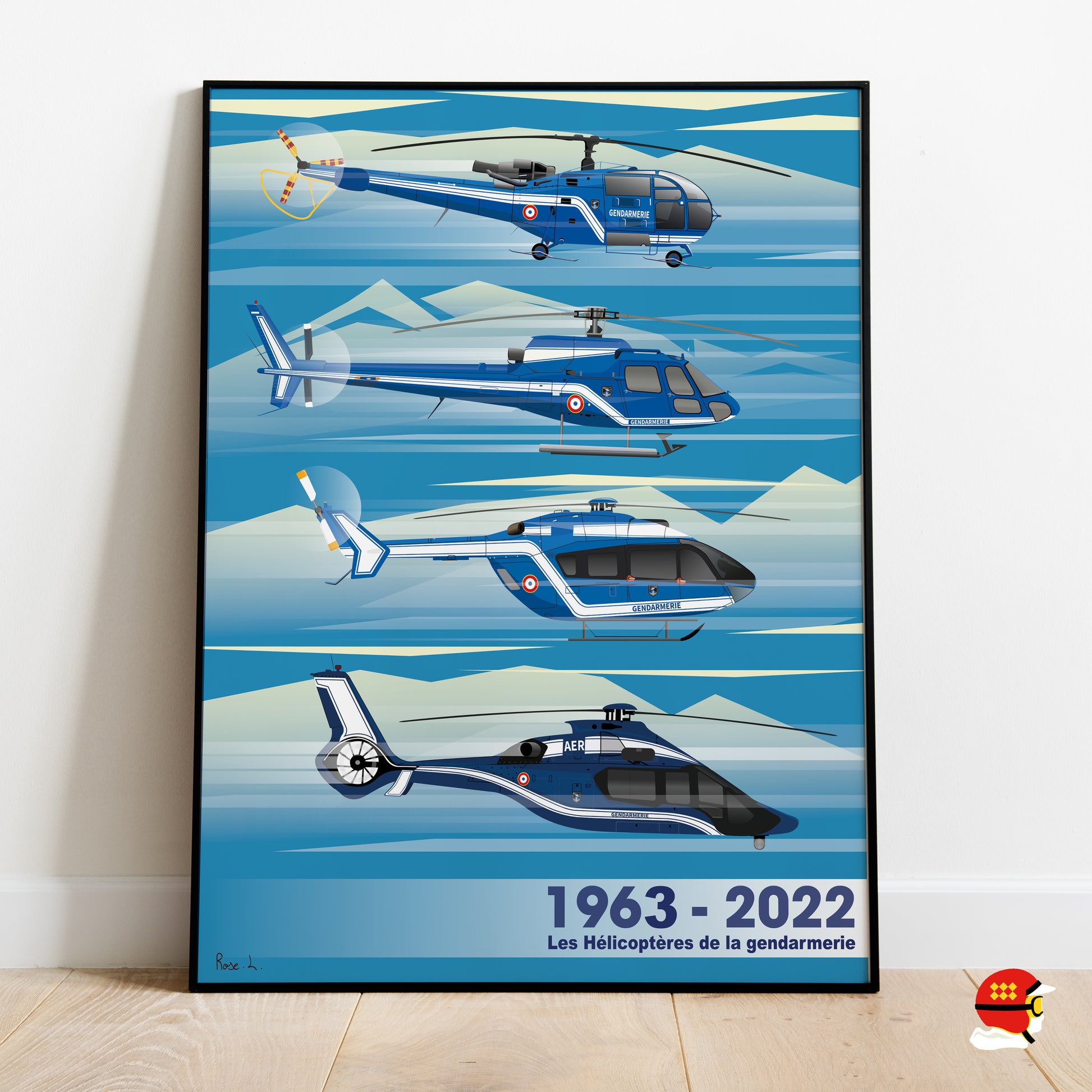 Affiche Hélicoptères de la Gendarmerie 1963 2022 illustration aéronautique française
