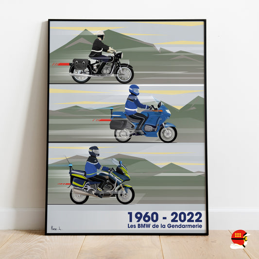 Affiche illustrée des motos BMW de la Gendarmerie française de 1960 à 2022
